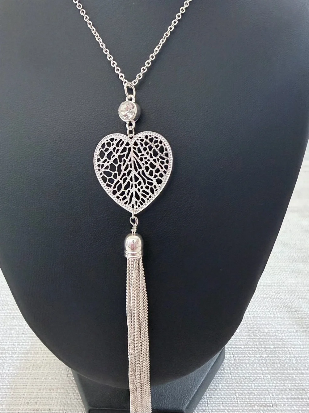Lauren Conrad Silver Heart Filigree Tassel Necklace - 32 in - Picture 2 of 6